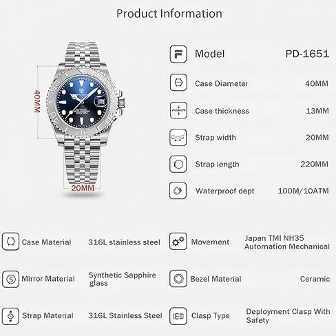 CADISEN Pagani Design Watch for Men Automatic NH35 Mechanical 100M Waterproof Stainless Steel Sapphire Glass Yacht Wristwatch Rotating Bezel 100 Meter Waterproof Automatic Watch PD-1651 in Saudi Arabia