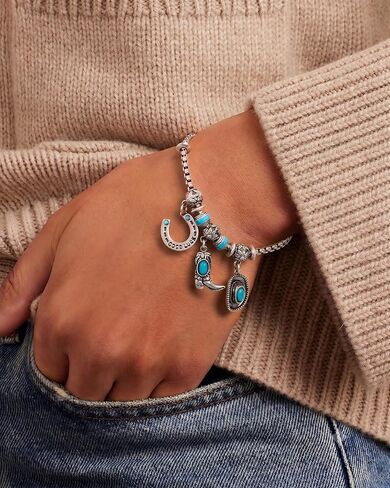 Montana West Wrangler Sliding Charm Bracelets for Women, Fixed Charms Western Turquoise Jewelry, Country Jewelry Sterling Silver/14K Gold with Gift Box in Kuwait