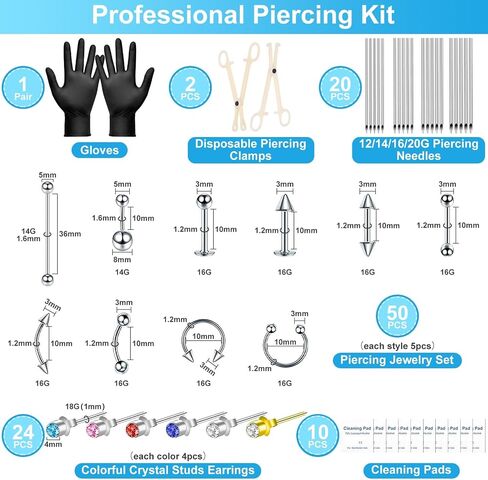 Dexpinzo Body Septum Piercing Kit for All Piercings | Piercing Needles with Piercing Jewelry and Tools for Ear Nose Belly Button Nipple Lip Cartilage Eyebrow Tongue Piercing Kit in Saudi Arabia