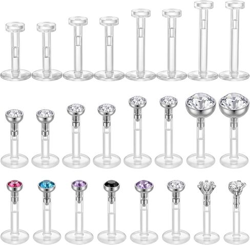 24 Pcs Clear Lip Rings Studs 16G Clear Push Top Piercing Retainers Earrings For Work Surgery Sport Plastic Push in Lip Labret Bioflex Flat Back Tragus Helix Catilage Conch Earrings 6mm 8mm 10mm 12mm in Saudi Arabia