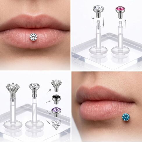 24 Pcs Clear Lip Rings Studs 16G Clear Push Top Piercing Retainers Earrings For Work Surgery Sport Plastic Push in Lip Labret Bioflex Flat Back Tragus Helix Catilage Conch Earrings 6mm 8mm 10mm 12mm in Saudi Arabia