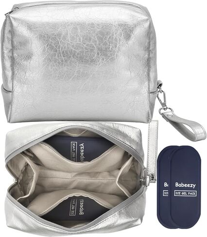 Insulated Cooling Makeup Bag with 2 Reusable Ice Packs Heat-Resistant Cosmetic Travel Organizer Silver Vegan Leather with Water-Resistant Double Zipper & Wrist Strap (Medium: 9.5x4.0x7.0in) in Saudi Arabia