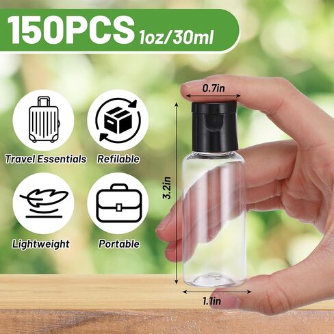150 Pcs 1oz Small Travel Bottles, Clear Plastic Refillable Empty Containers with Black Cap for Shampoo, Lotion, Body Soap, Cream, Toiletries, Leak Proof Squeeze Bottles in Saudi Arabia