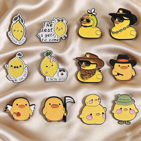 12Pcs Cute Lemon & Duck Enamel Pins Set Cartoon Fruit Animal Alloy Lapel Pins Creative Brooches Badges for Jackets, Backpacks, Hats, Bags Decoration for Fruit Lovers Animal Fans in Kuwait