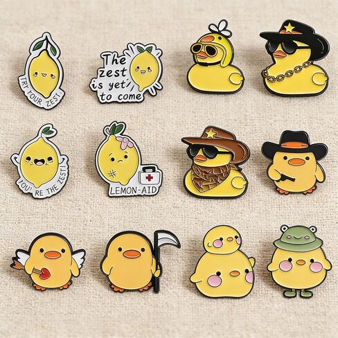12Pcs Cute Lemon & Duck Enamel Pins Set Cartoon Fruit Animal Alloy Lapel Pins Creative Brooches Badges for Jackets, Backpacks, Hats, Bags Decoration for Fruit Lovers Animal Fans in Kuwait
