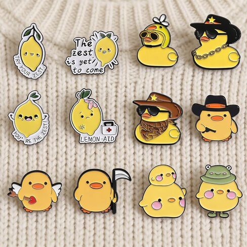 12Pcs Cute Lemon & Duck Enamel Pins Set Cartoon Fruit Animal Alloy Lapel Pins Creative Brooches Badges for Jackets, Backpacks, Hats, Bags Decoration for Fruit Lovers Animal Fans in Kuwait