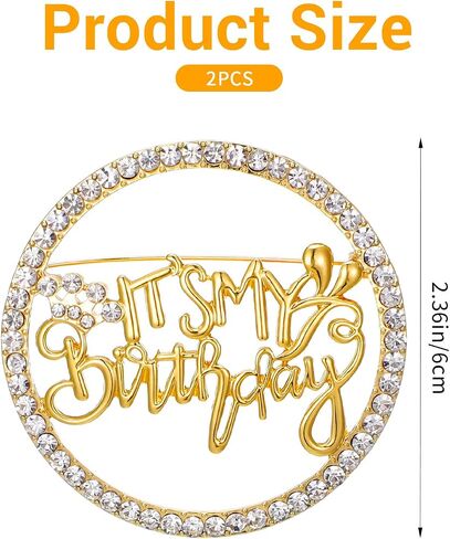 2PCS Birthday Brooch Pin It's My Birthday Pin for Women Golden Metal Pins Rhinestone Queen Crown Brooch Pins for Women Girls Round Buckle Brooches for Wedding Party Birth in Saudi Arabia