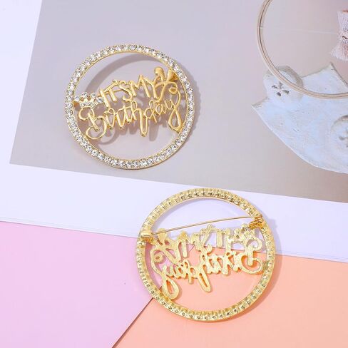 2PCS Birthday Brooch Pin It's My Birthday Pin for Women Golden Metal Pins Rhinestone Queen Crown Brooch Pins for Women Girls Round Buckle Brooches for Wedding Party Birth in Saudi Arabia