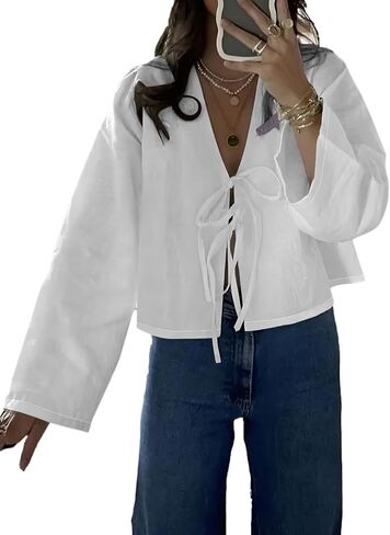 Tie Front Blouse for Women Linen Shirts Flare Sleeve V Neck Going Out Casual Lace Up Bow Blouses Tops in Saudi Arabia