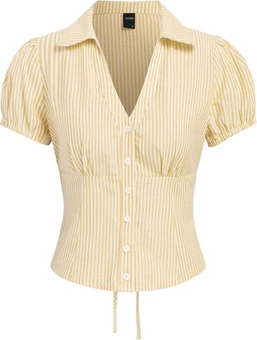 CIDER Women Striped V Neck Tie Back Short Sleeve Shirt Casual Button Down Top Summer Blouse in Kuwait