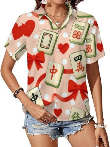 Womens Pink Mahjong Hearts Shirts Short Sleeve Button Down Summer Hawaiian Beach Casual Work Blouse Tops Shirt in Saudi Arabia