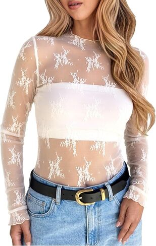 BemorRun Lace Tops for Women See Through Lace Undershirt Mesh Long Sleeve Blouse Mock Neck Sheer Tops in Saudi Arabia