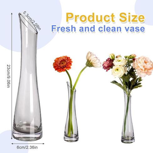 Hand-Made Blown Art Bud Glass Vase Transparet Gray Small Glass Vase Glass Flower Vase Heavy Base Single Stem Flower Drop Vase for Home Wedding Decor (Oblique Mouth-23cm) in Kuwait