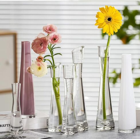 Hand-Made Blown Art Bud Glass Vase Transparet Gray Small Glass Vase Glass Flower Vase Heavy Base Single Stem Flower Drop Vase for Home Wedding Decor (Oblique Mouth-23cm) in Kuwait