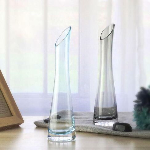 Hand-Made Blown Art Bud Glass Vase Transparet Gray Small Glass Vase Glass Flower Vase Heavy Base Single Stem Flower Drop Vase for Home Wedding Decor (Oblique Mouth-23cm) in Kuwait
