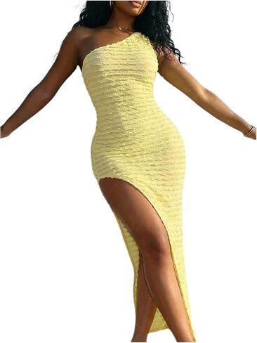 RoseSeek Women's Textured Bodycon Maxi Dress One Shoulder Sleeveless High Slit Summer Going Out Dress in Saudi Arabia