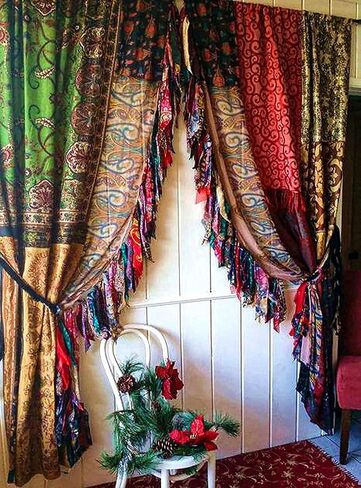 Indian Vintage Silk Sari Curtains – 2 Handmade Patchwork Boho Curtain Panels | Light Filtering Window Drapes for Living Room, Bedroom, Kitchen & Bathroom | (82" × 42" Each Panel) in Kuwait