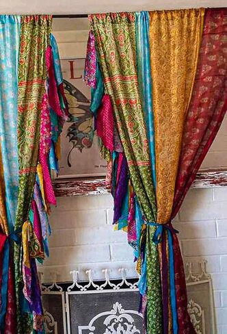 Indian Vintage Silk Sari Curtains – 2 Handmade Patchwork Boho Curtain Panels | Light Filtering Window Drapes for Living Room, Bedroom, Kitchen & Bathroom | (82" × 42" Each Panel) in Kuwait