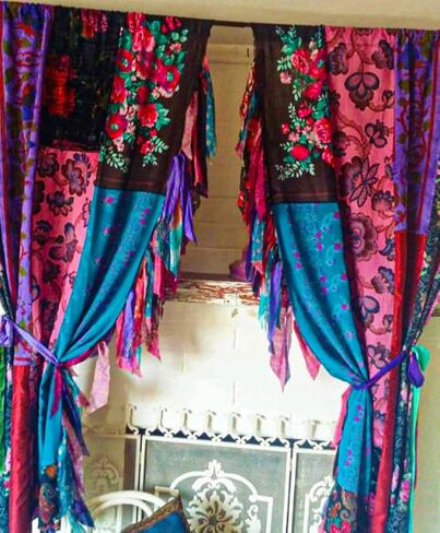 Indian Vintage Silk Sari Curtains – 2 Handmade Patchwork Boho Curtain Panels | Light Filtering Window Drapes for Living Room, Bedroom, Kitchen & Bathroom | (82" × 42" Each Panel) in Kuwait