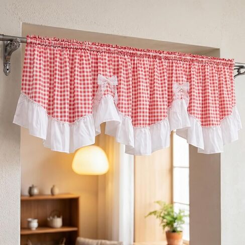 Red Gingham Ruffled Valance Farmhouse Small Window Curtain 52" W x 18" L in Saudi Arabia
