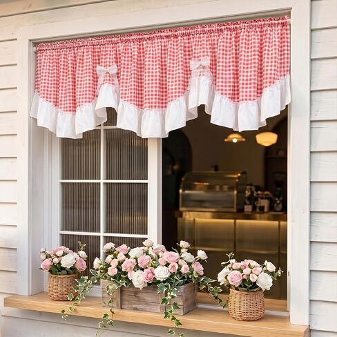 Red Gingham Ruffled Valance Farmhouse Small Window Curtain 52" W x 18" L in Saudi Arabia