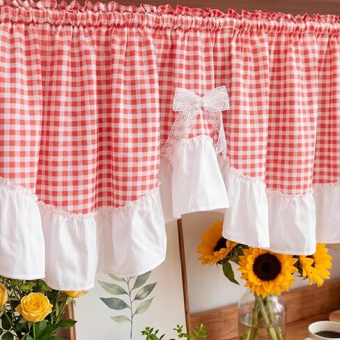 Red Gingham Ruffled Valance Farmhouse Small Window Curtain 52" W x 18" L in Saudi Arabia