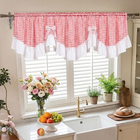 Red Gingham Ruffled Valance Farmhouse Small Window Curtain 52" W x 18" L in Saudi Arabia