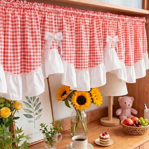 Red Gingham Ruffled Valance Farmhouse Small Window Curtain 52" W x 18" L in Saudi Arabia