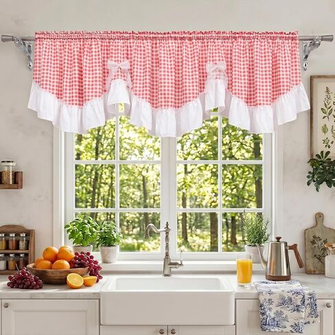 Red Gingham Ruffled Valance Farmhouse Small Window Curtain 52" W x 18" L in Saudi Arabia