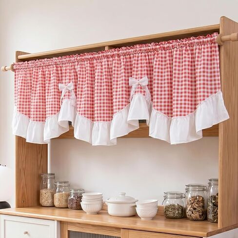 Red Gingham Ruffled Valance Farmhouse Small Window Curtain 52" W x 18" L in Saudi Arabia