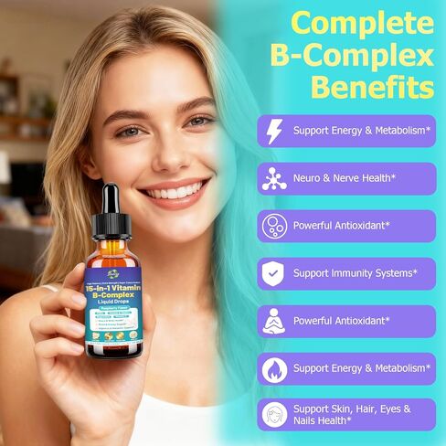 Advanced Vitamin B Complex Liquid Drops for Women Men & Kids, 15-in-1 VIT B Complex with Vitamin C B12 B6 B1 Niacin Folate for Brain Nerve Neuropathy Energy Mood Health, Sublingual B-Complex Drops in Saudi Arabia