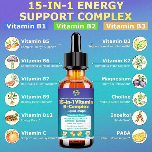 Advanced Vitamin B Complex Liquid Drops for Women Men & Kids, 15-in-1 VIT B Complex with Vitamin C B12 B6 B1 Niacin Folate for Brain Nerve Neuropathy Energy Mood Health, Sublingual B-Complex Drops in Saudi Arabia