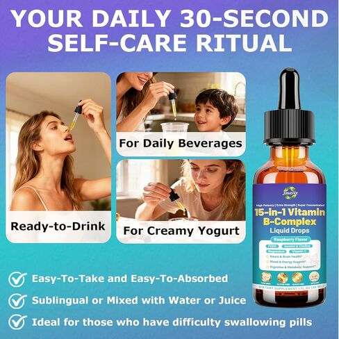Advanced Vitamin B Complex Liquid Drops for Women Men & Kids, 15-in-1 VIT B Complex with Vitamin C B12 B6 B1 Niacin Folate for Brain Nerve Neuropathy Energy Mood Health, Sublingual B-Complex Drops in Saudi Arabia
