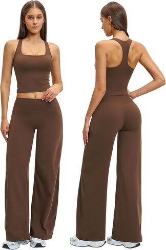 ABOCIW Two Piece Workout Sets for Women Racerback Crop Tank Wide Leg Yoga Pants Gym Active Pilates Outfits in Kuwait