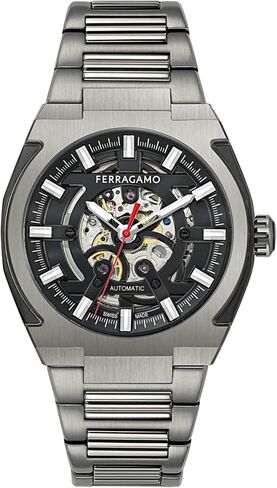 Ferragamo Ferragamo Supreme Skeleton Collection Luxury Mens Watch Timepieces with a Grey Bracelet Featuring a Gun Case and a Black Dial in Kuwait