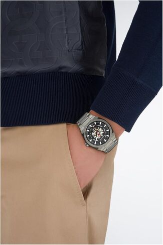 Ferragamo Ferragamo Supreme Skeleton Collection Luxury Mens Watch Timepieces with a Grey Bracelet Featuring a Gun Case and a Black Dial in Kuwait