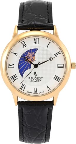 ساعة بيجو للرجال مطلية بالذهب عيار 14 قيراط بتصميم Sun Moon Phase Vintage Dress Analog مع حزام جلدي، باللون الأسود in Kuwait