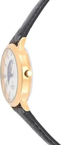 ساعة بيجو للرجال مطلية بالذهب عيار 14 قيراط بتصميم Sun Moon Phase Vintage Dress Analog مع حزام جلدي، باللون الأسود in Kuwait