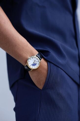 ساعة بيجو للرجال مطلية بالذهب عيار 14 قيراط بتصميم Sun Moon Phase Vintage Dress Analog مع حزام جلدي، باللون الأسود in Kuwait