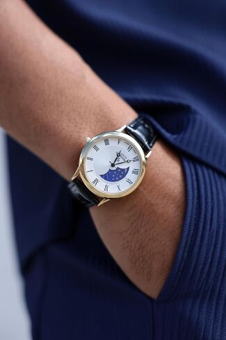 ساعة بيجو للرجال مطلية بالذهب عيار 14 قيراط بتصميم Sun Moon Phase Vintage Dress Analog مع حزام جلدي، باللون الأسود in Kuwait