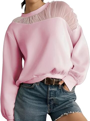 VAOYIU Women's Shoulder Mesh Design Sweatshirt Casual Long Sleeve Crew Neck Pullover Tops Casual Lace Edged Clothing in Saudi Arabia