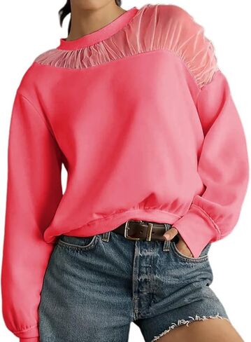 VAOYIU Women's Shoulder Mesh Design Sweatshirt Casual Long Sleeve Crew Neck Pullover Tops Casual Lace Edged Clothing in Saudi Arabia