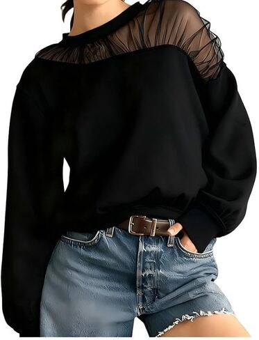VAOYIU Women's Shoulder Mesh Design Sweatshirt Casual Long Sleeve Crew Neck Pullover Tops Casual Lace Edged Clothing in Saudi Arabia