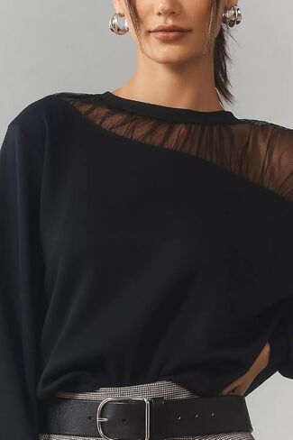 VAOYIU Women's Shoulder Mesh Design Sweatshirt Casual Long Sleeve Crew Neck Pullover Tops Casual Lace Edged Clothing in Saudi Arabia