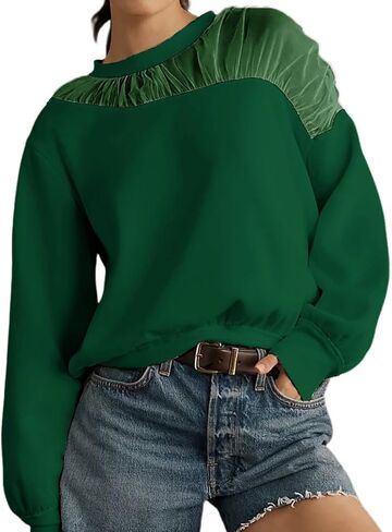 VAOYIU Women's Shoulder Mesh Design Sweatshirt Casual Long Sleeve Crew Neck Pullover Tops Casual Lace Edged Clothing in Saudi Arabia