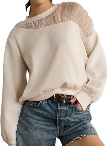 VAOYIU Women's Shoulder Mesh Design Sweatshirt Casual Long Sleeve Crew Neck Pullover Tops Casual Lace Edged Clothing in Saudi Arabia
