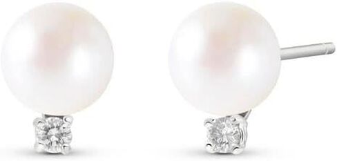 Galaxy Gold GG 14K Solid White Gold Freshwater Pearl and Diamond Stud Earrings for Women - Cultured Pearl with Natural Diamond Accents - Fine Jewelry in Kuwait