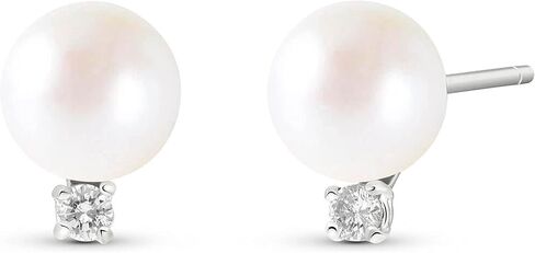 Galaxy Gold GG 14K Solid White Gold Freshwater Pearl and Diamond Stud Earrings for Women - Cultured Pearl with Natural Diamond Accents - Fine Jewelry in Kuwait