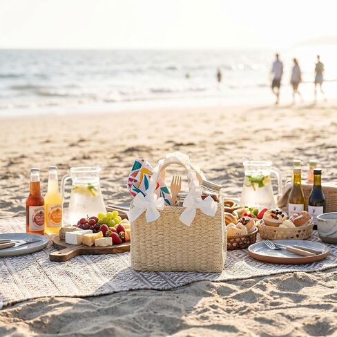 Straw Tote Bag for Women Summer Beach Handbag with Drawstring Closure Large Straw Rattan Woven Handbag for Vacation Travel Picnic Bride Wedding Gift, Beige in Saudi Arabia