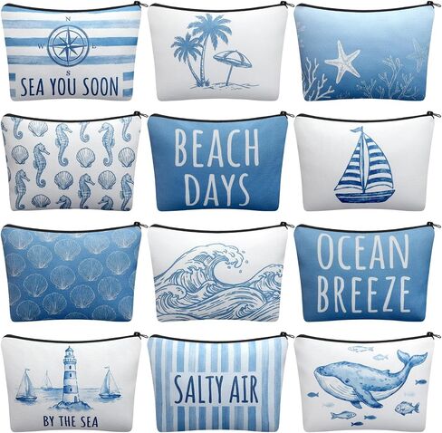 Hillban 12 Pcs Bulk Ocean Makeup Bags for Women Coastal Beach Themed Cruise Gift Bachelorette Party Favors Blue Seashell Cosmetic Pouches Sea Survival Kits for Travel Summer Vacation Gifts Supplies in Saudi Arabia